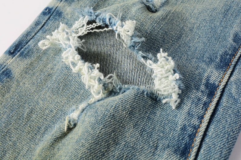 Men Streetwear Skinny Jeans Light Blue Wash with Distressed Ripped Knee Details 9076
