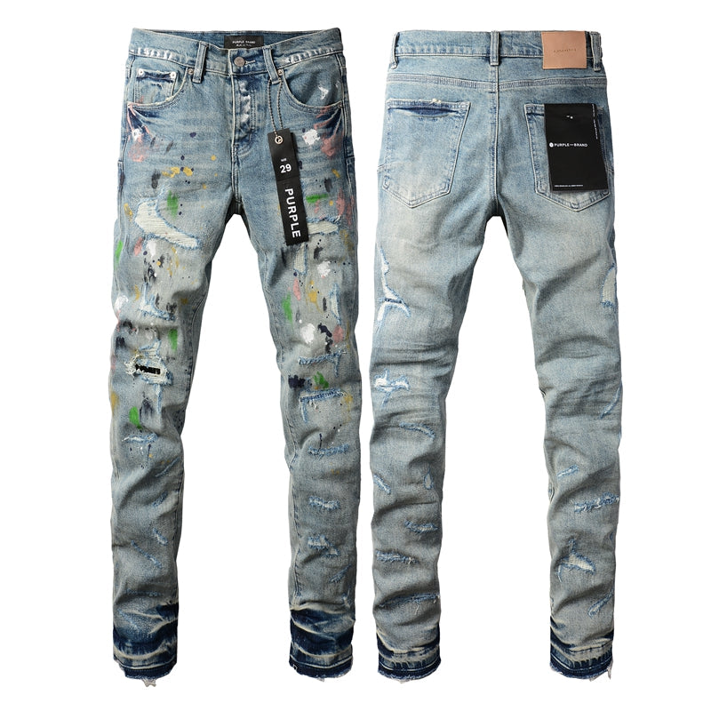 Men Streetwear Skinny Jeans Light Blue Wash with Multi-Color Paint Splatter and Distressed Rips 9072