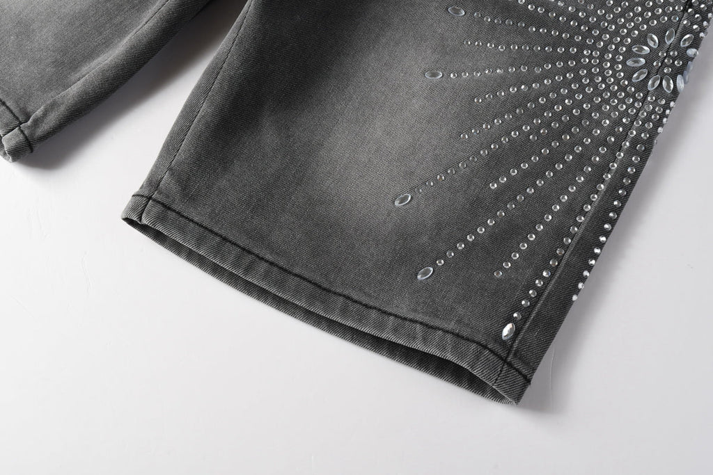 Men Streetwear Grey Denim Shorts with Radial Rhinestone Burst Patterns 5094
