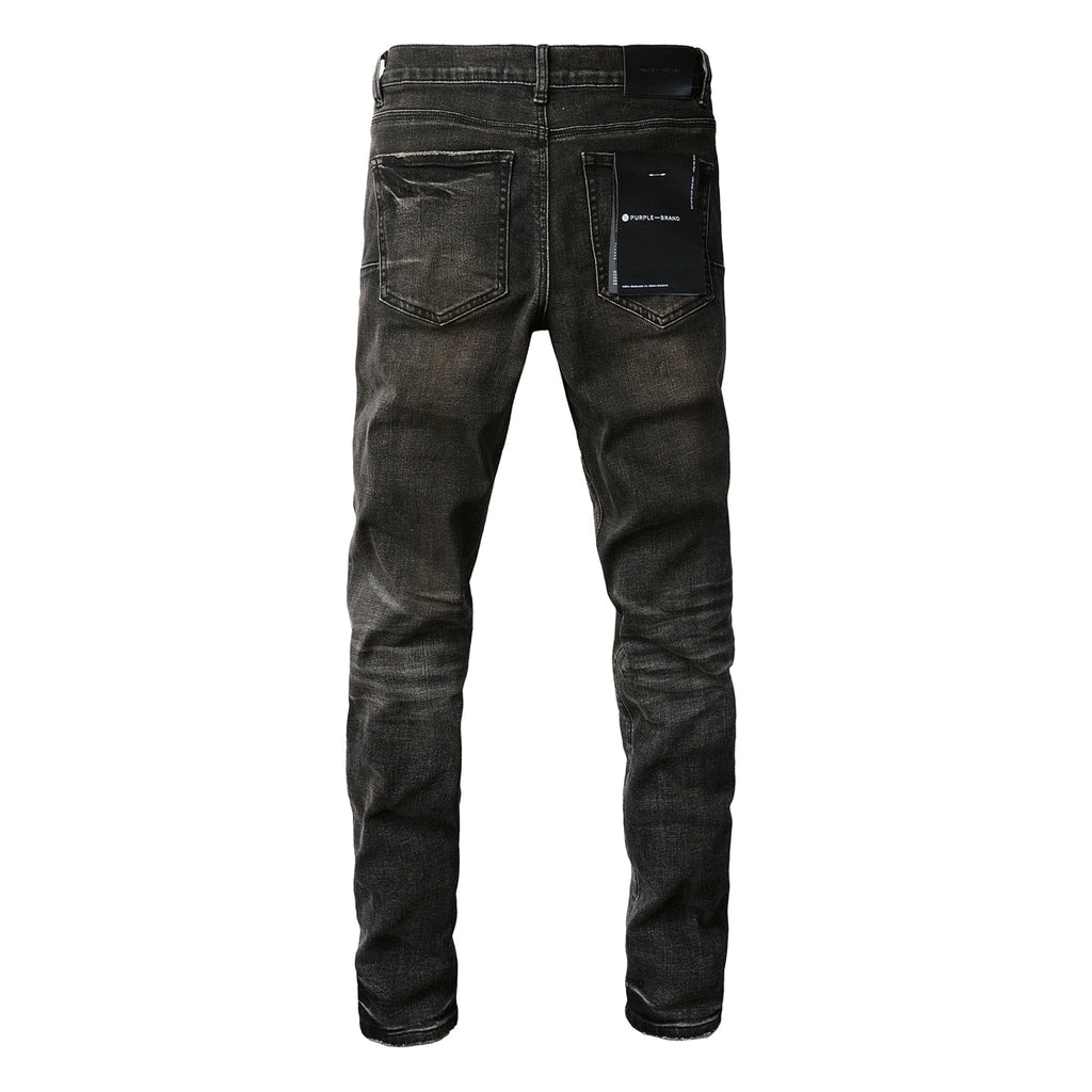 Men Streetwear Skinny Jeans Dark Gray Wash with Multi - Color Patched Distressed Details 9080