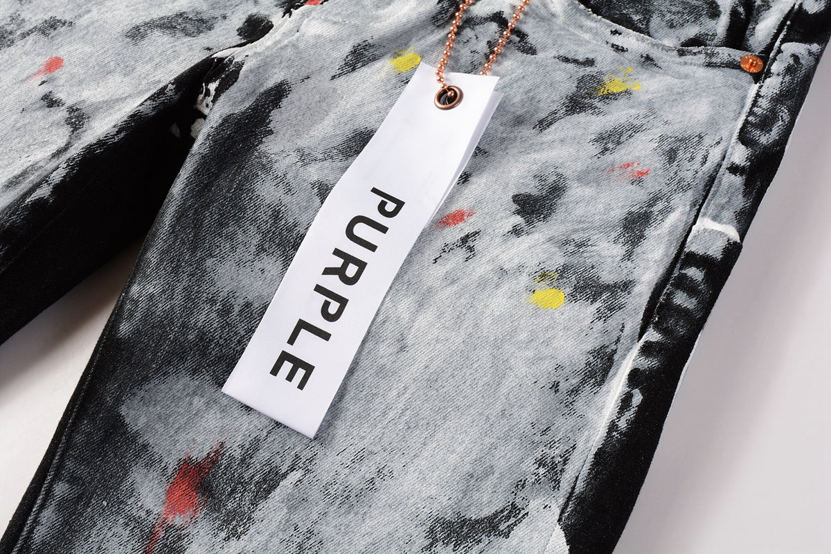 Men Streetwear Skinny Jeans Black and White Graffiti Wash with Multi - Color Paint Accents 9020