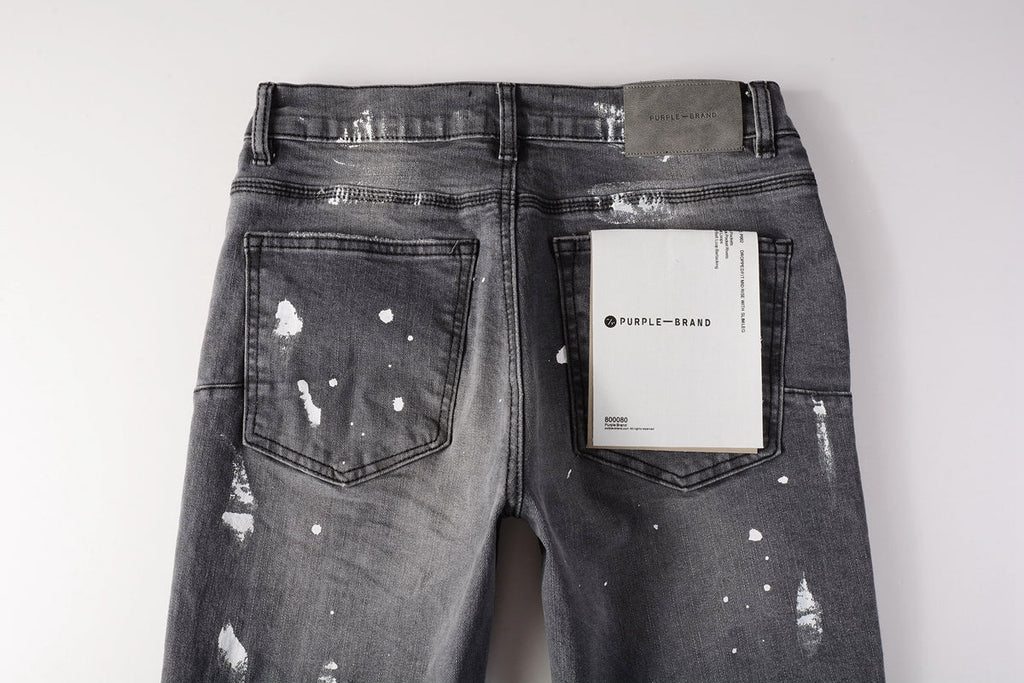 Men Streetwear Skinny Jeans Dark Gray Wash with Knee Rips and White Paint Splatter 9039