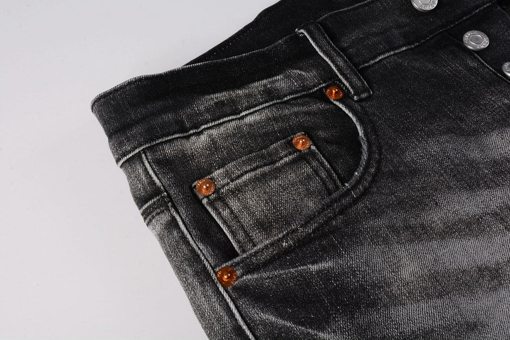 Men Streetwear Skinny Jeans Dark Gray Wash with White Paint Splatter and Distressed Rips 9032