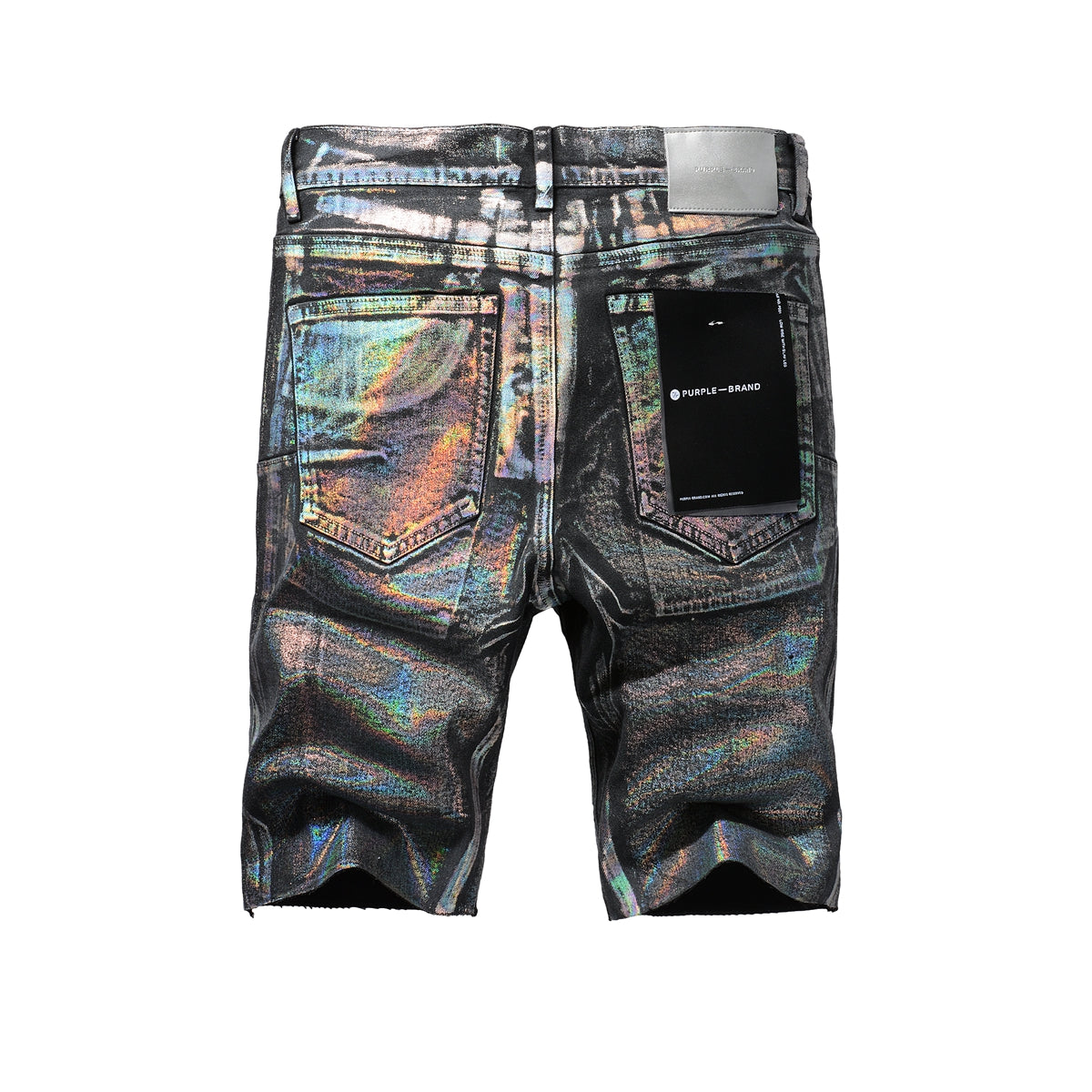 Men Streetwear Denim Shorts Black Wash with Holographic Reflective Finish and Raw Hem 5028