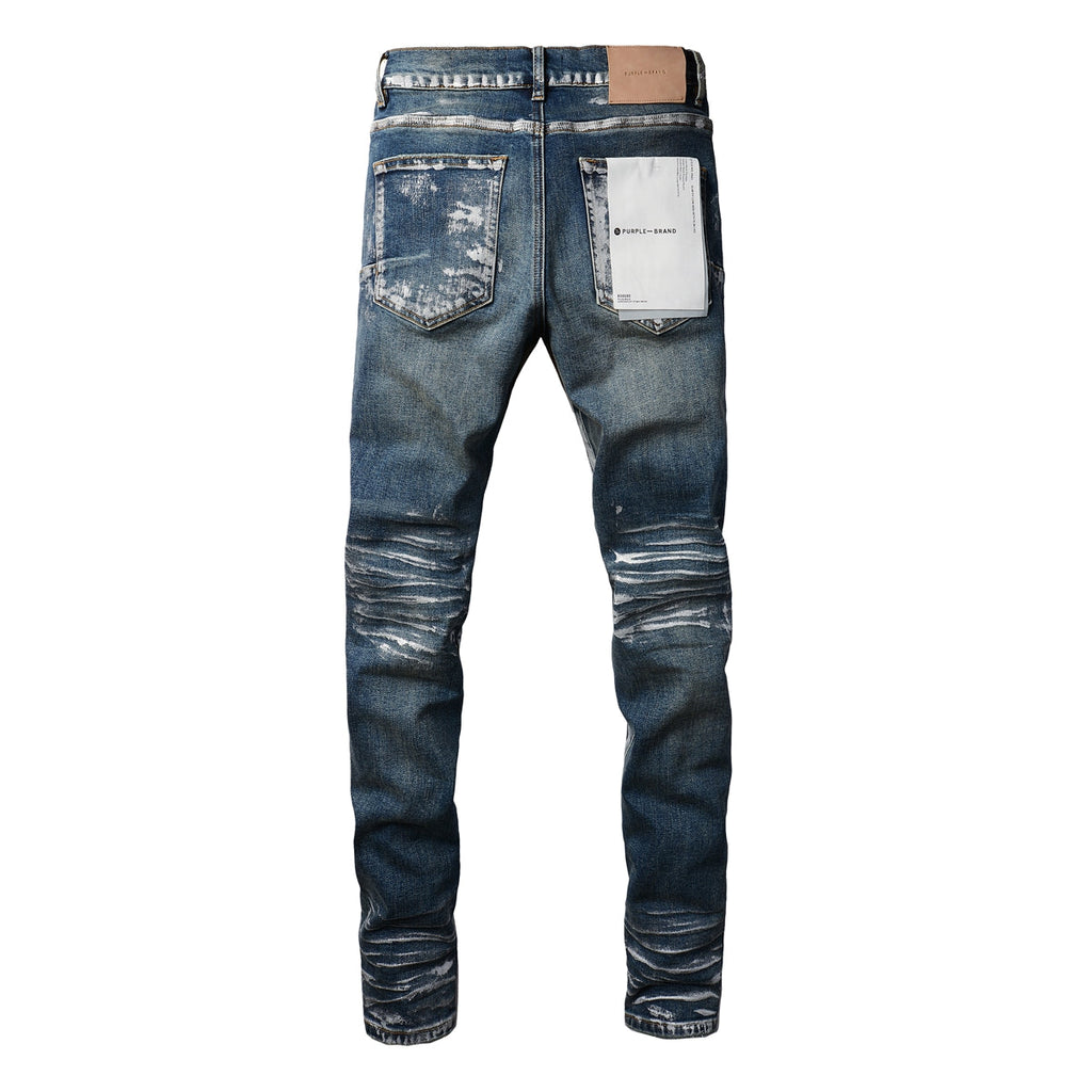 Men Streetwear Skinny Jeans Dark Blue Wash with White Brushstroke Distress 9040
