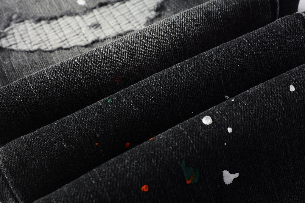 Men Streetwear Skinny Jeans Dark Gray Wash with Distressed Rips and Multi-Color Paint Splatter 9018