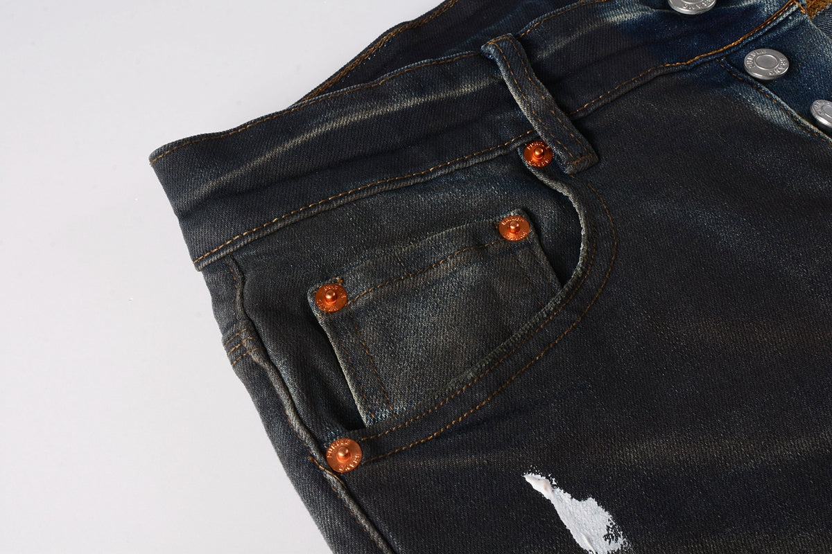 Men Streetwear Skinny Jeans Dark Gray Wash with White Paint Splatter and Brush Strokes 9036