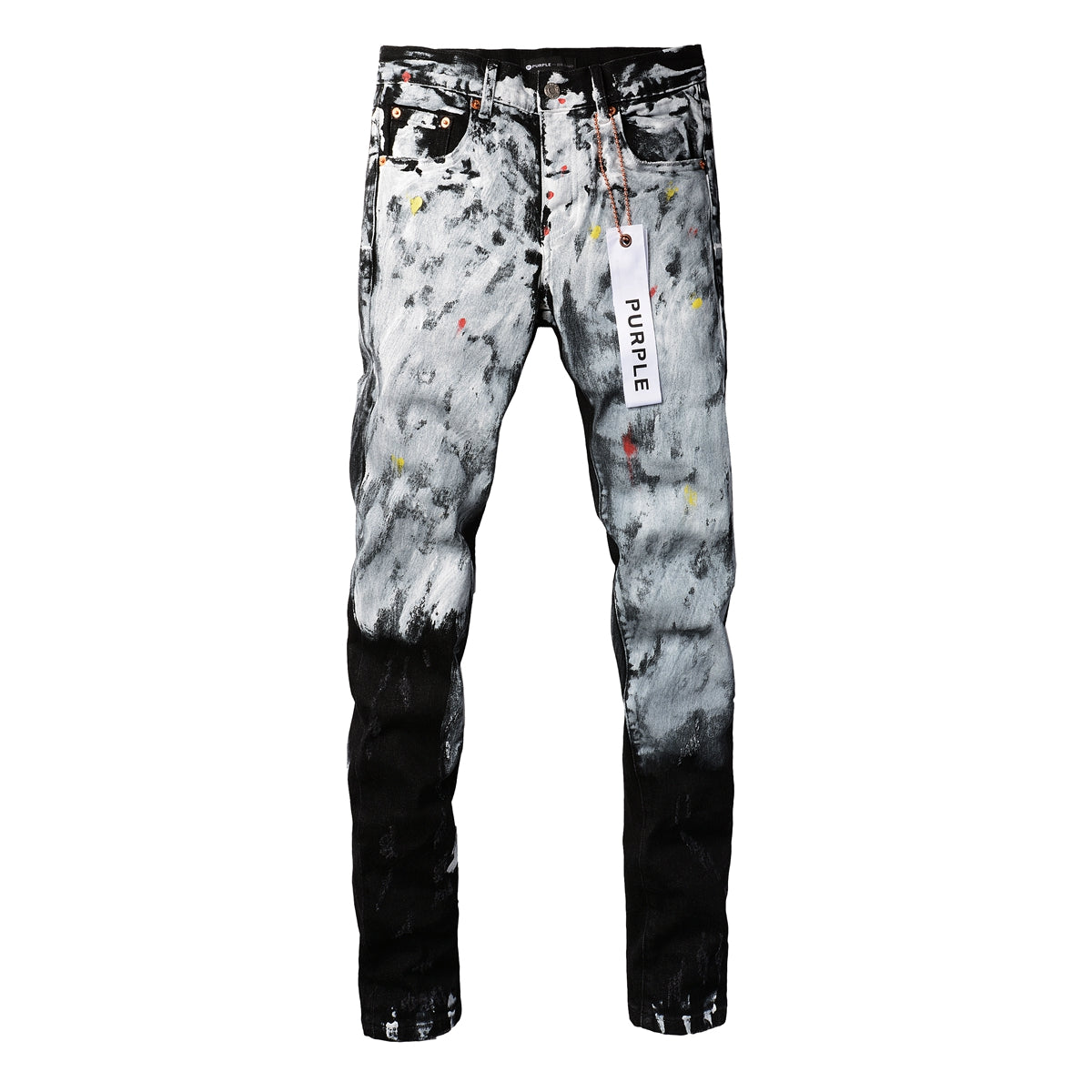 Men Streetwear Skinny Jeans Black and White Graffiti Wash with Multi - Color Paint Accents 9020