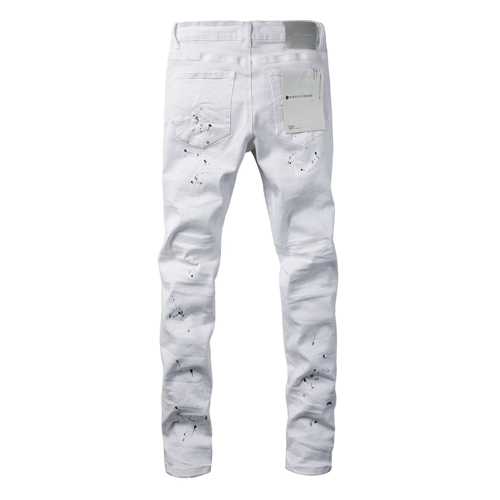 Men Streetwear Skinny Jeans White Wash with Black Paint Splatter and Distressed Rip 9021