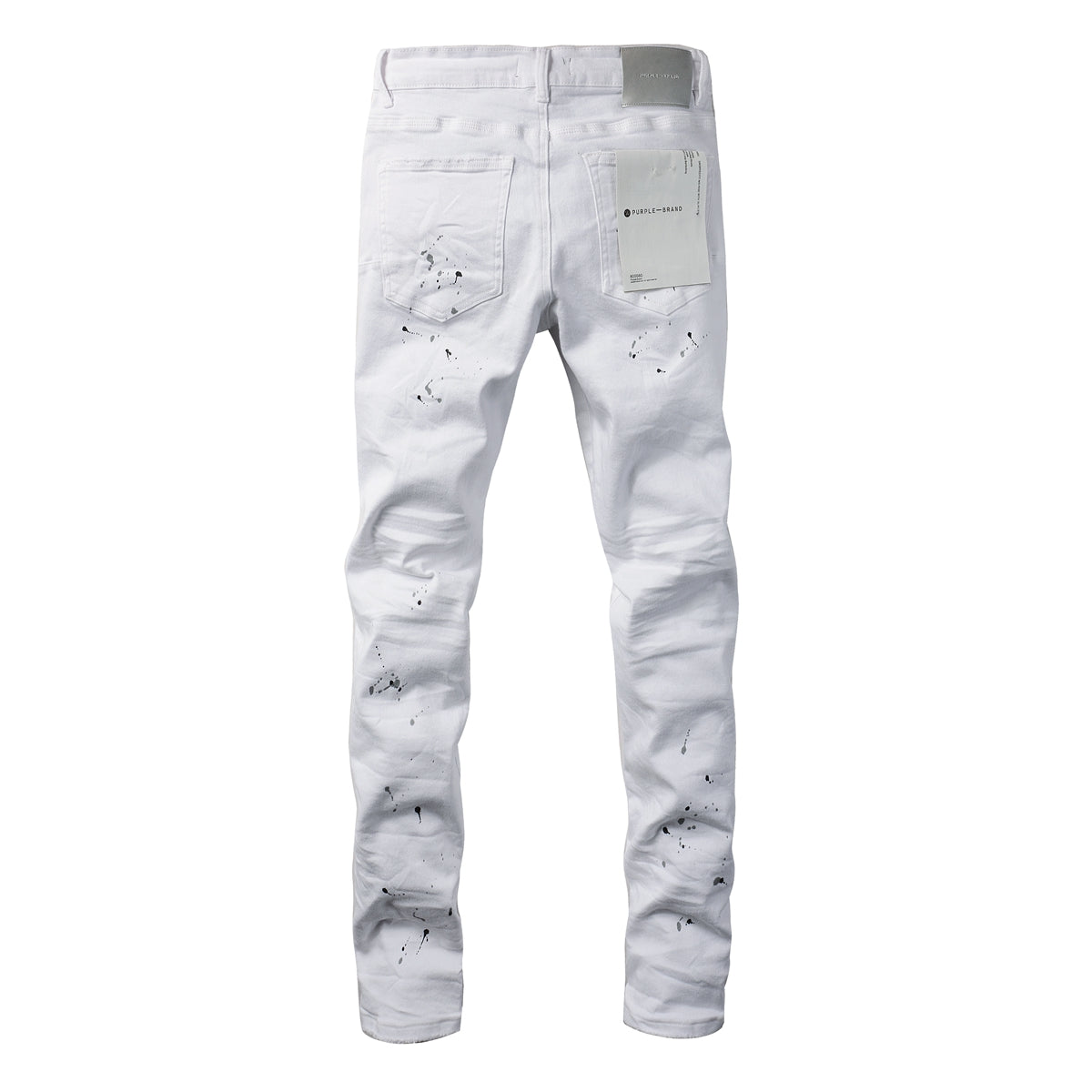 Men Streetwear Skinny Jeans White Wash with Black Paint Splatter and Distressed Rip 9021