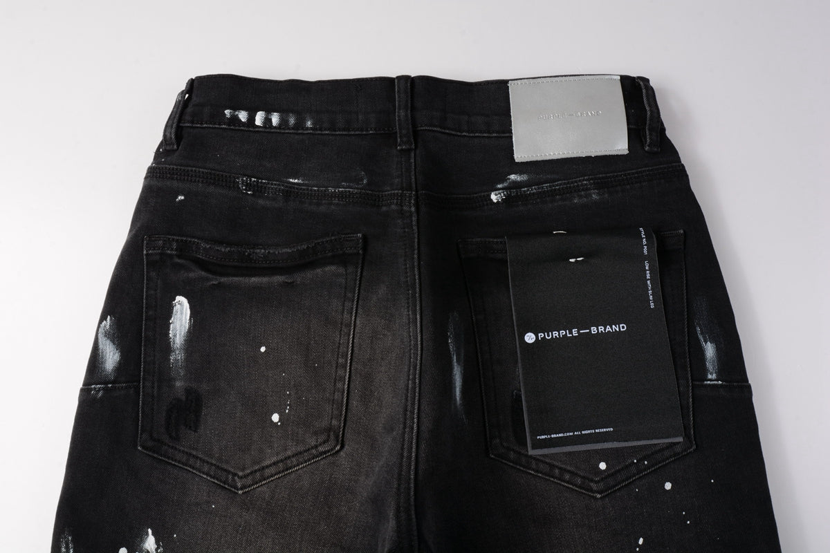 Men Streetwear Denim Shorts Black Wash with White Paint Splashes and Raw Hem 5002