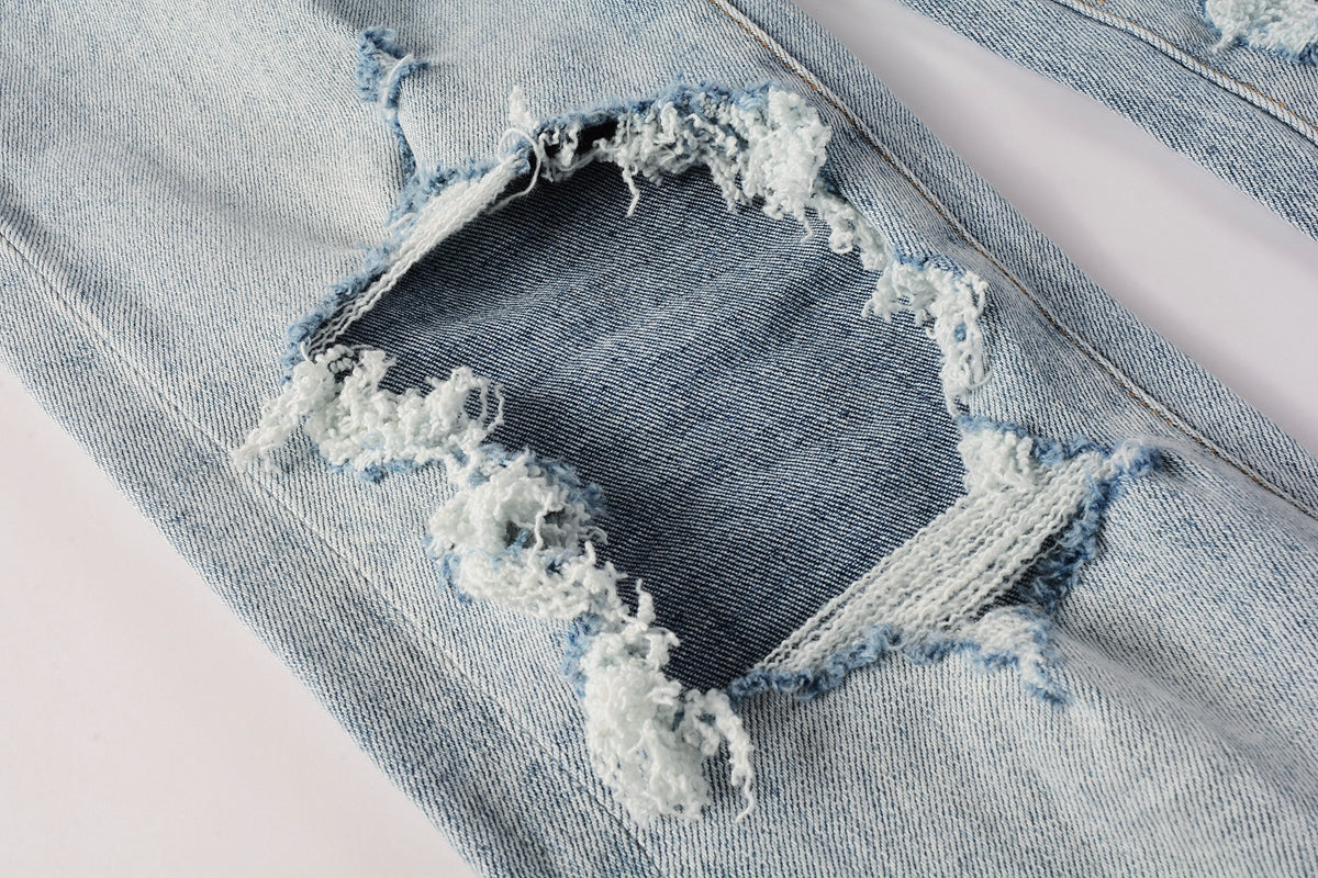 Men Streetwear Skinny Jeans Light Blue Wash with Knee Ripped Details and Black Lining 9010