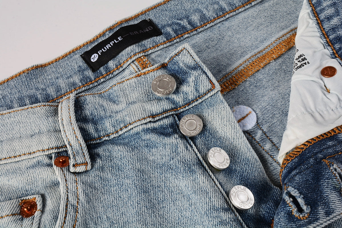 Men Streetwear Skinny Jeans Light Blue Wash with Knee Ripped Details and Black Lining 9010