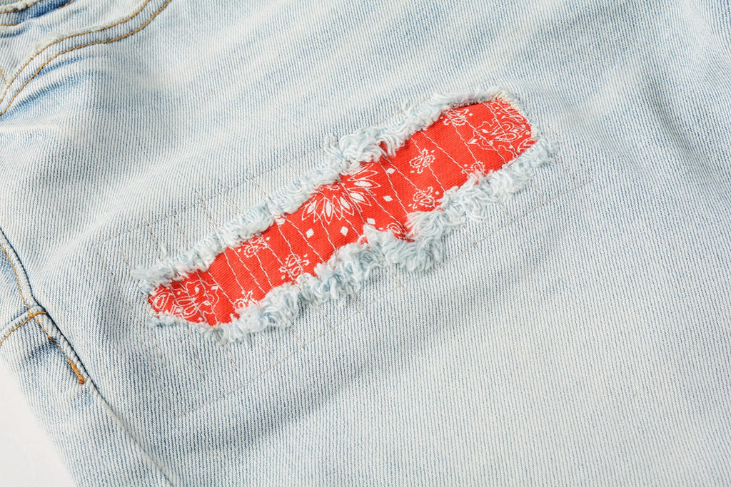 Men Streetwear Denim Shorts Light Blue Wash with Colorful Patched Rips and Raw Hem 5067