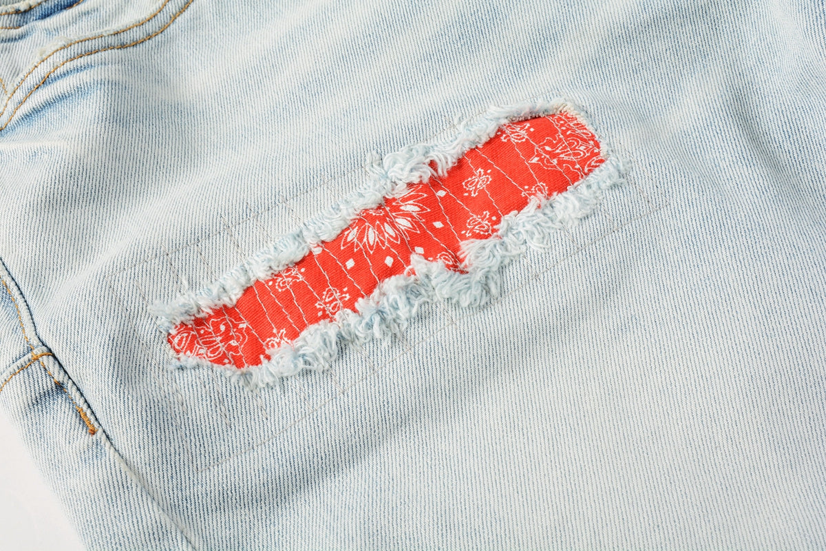 Men Streetwear Denim Shorts Light Blue Wash with Colorful Patched Rips and Raw Hem 5067