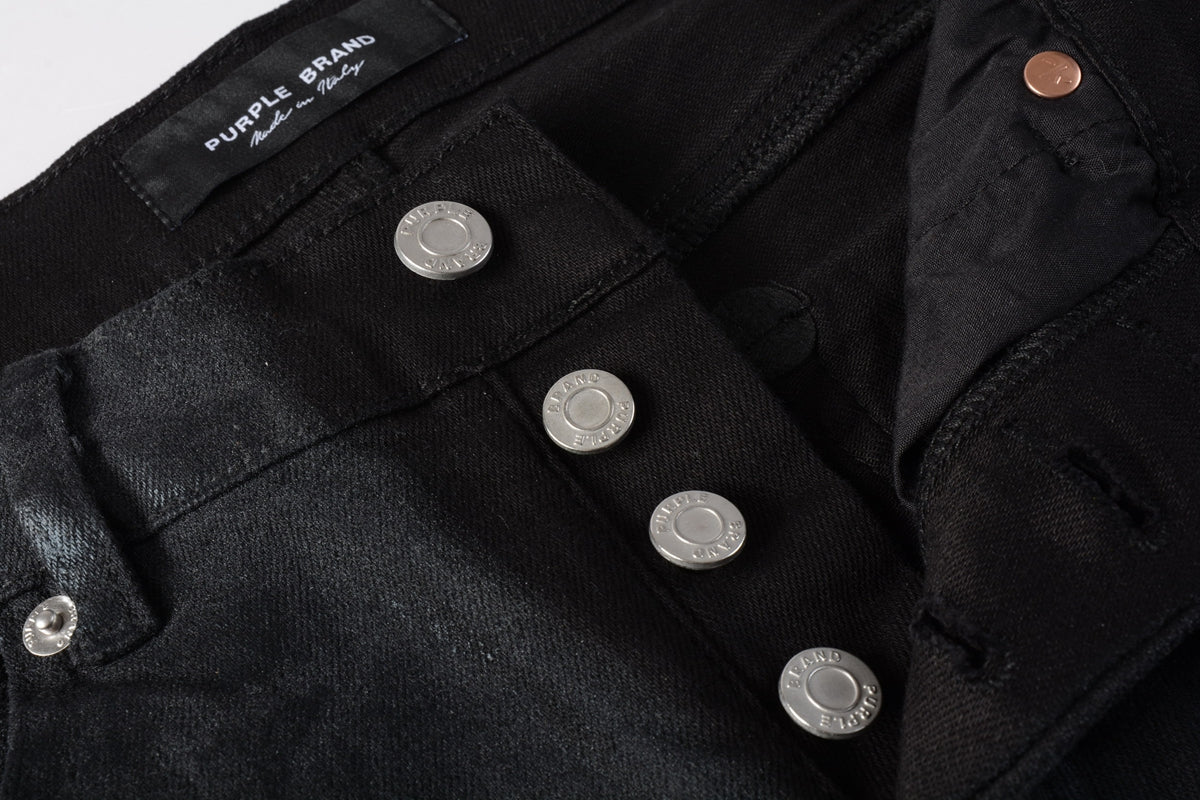Men Streetwear Skinny Jeans Black Wash with Subtle Sheen and Tag Accent 9082