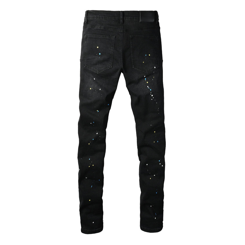 Men Streetwear Skinny Jeans Black Wash with Distressed Details and Multi - Color Paint Splash 9121