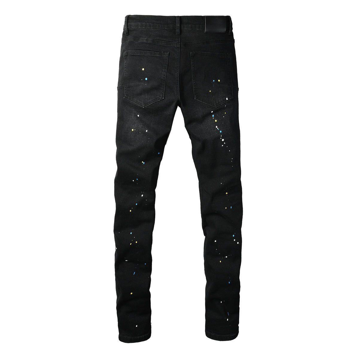 Men Streetwear Skinny Jeans Black Wash with Distressed Details and Multi - Color Paint Splash 9121