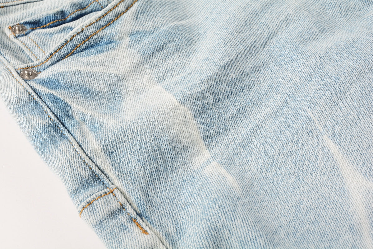 Men Streetwear Denim Shorts Light Blue Wash with White Distressed Patches and Raw Hem 5069