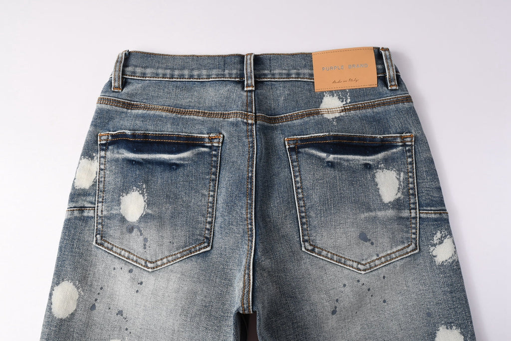 Men Streetwear Denim Shorts Light Blue Wash with Large White Paint Splashes and Speckles 5092