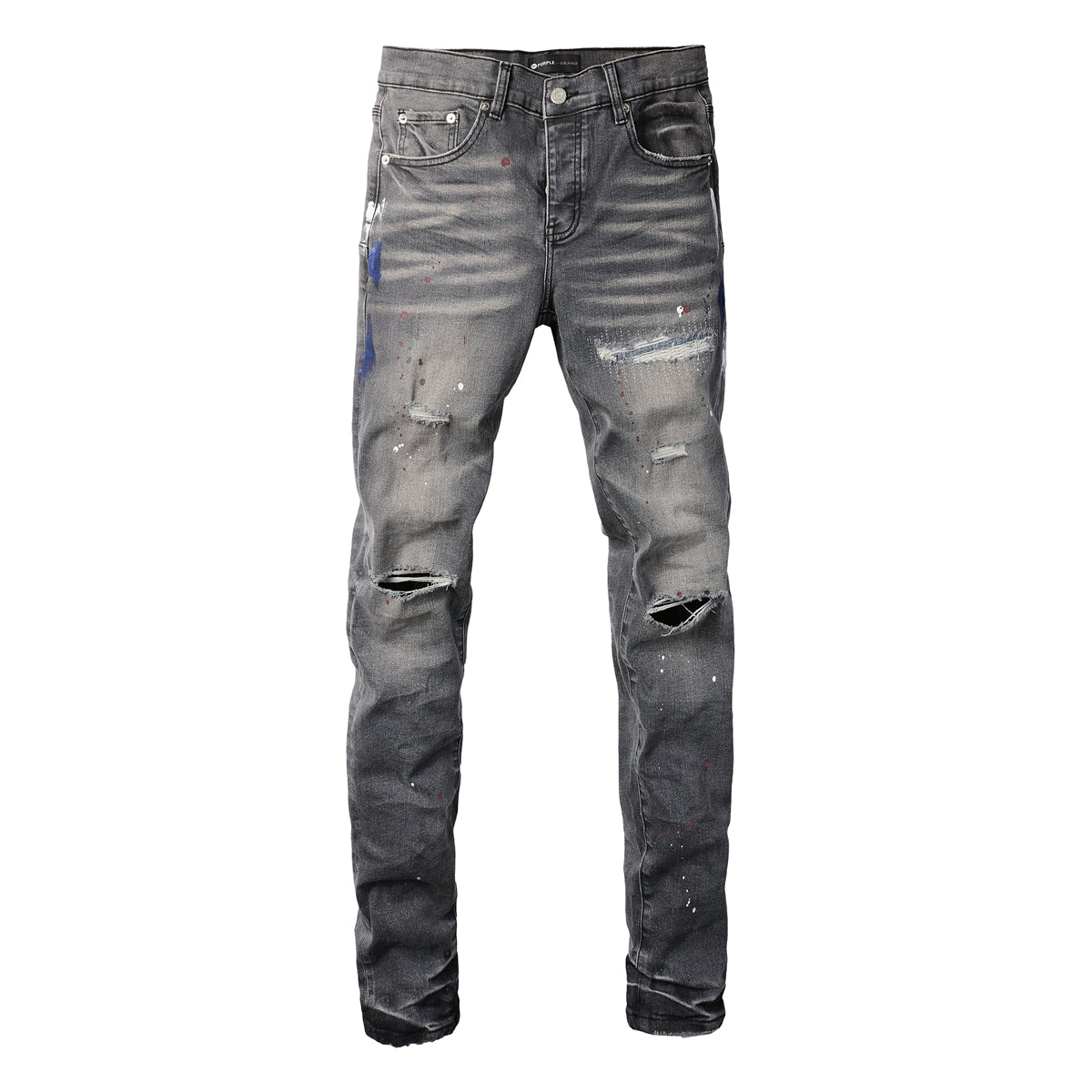 Men Streetwear Distressed Grey Skinny Jeanswith Color Paint Splatter and Knee Rips 9107