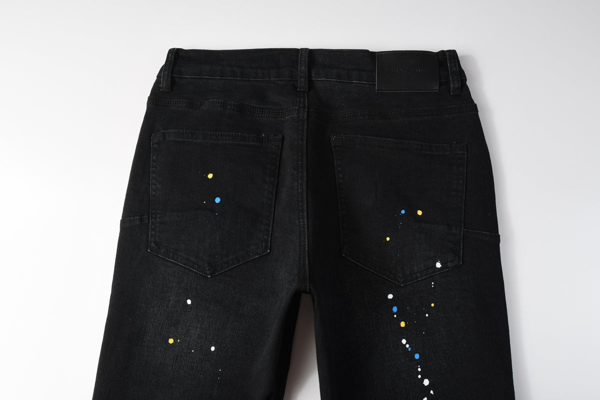 Men Streetwear Skinny Jeans Black Wash with Distressed Details and Multi - Color Paint Splash 9121