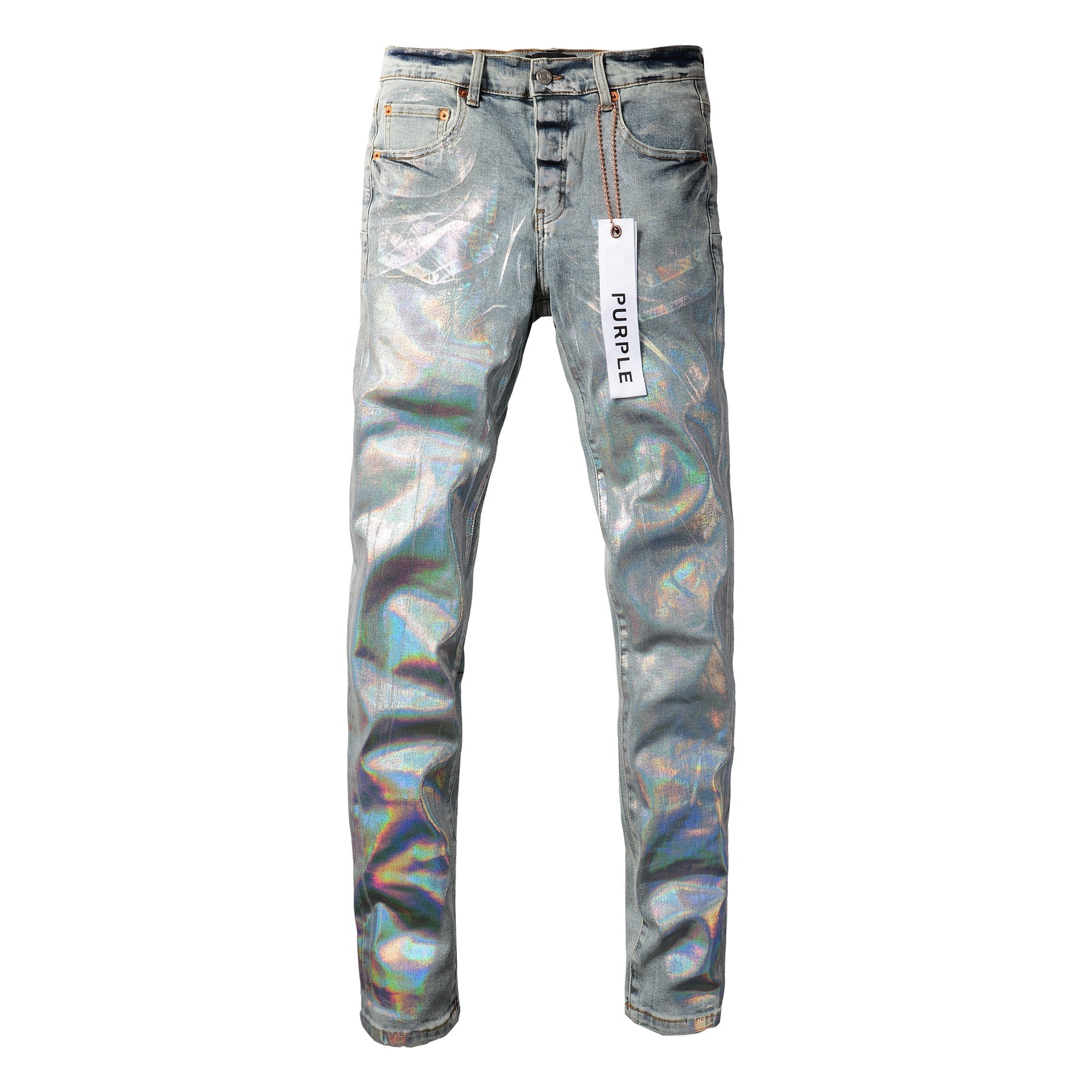 Men Streetwear Skinny Jeans Light Blue Wash with Holographic Iridescent Finish 9005