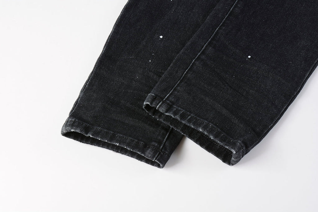 Men Streetwear Skinny Jeans Black - Gray Fade Wash with White Paint Specks 9027