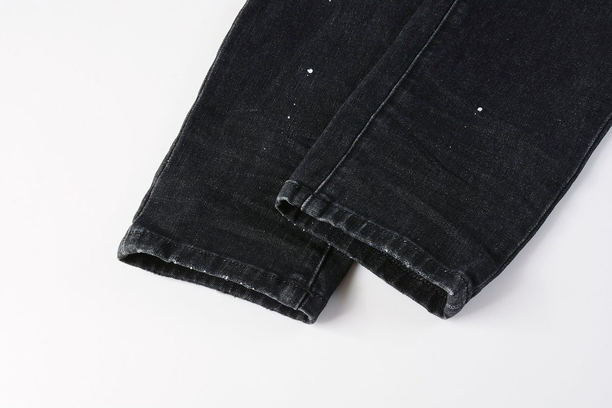 Men Streetwear Skinny Jeans Black - Gray Fade Wash with White Paint Specks 9027