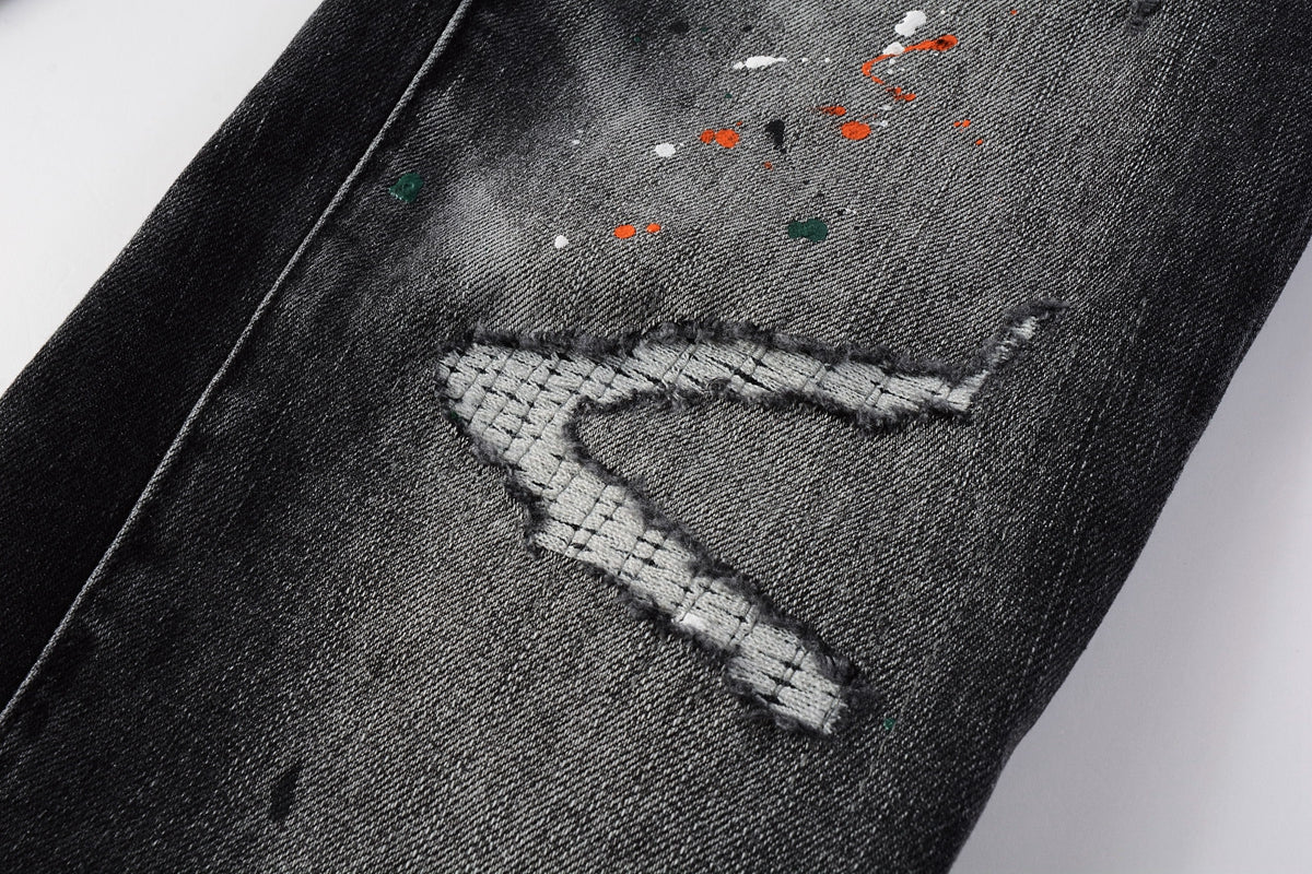 Men Streetwear Skinny Jeans Dark Gray Wash with Distressed Rips and Multi-Color Paint Splatter 9018