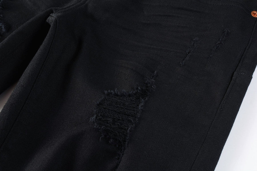 Men Streetwear Skinny Jeans Black Wash with Distressed Rip Details 9022