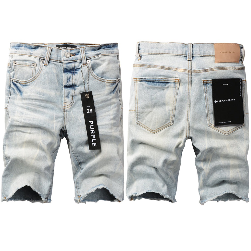 Men Streetwear Denim Shorts Light Blue Wash with Washed Distressed Raw Hem 5017