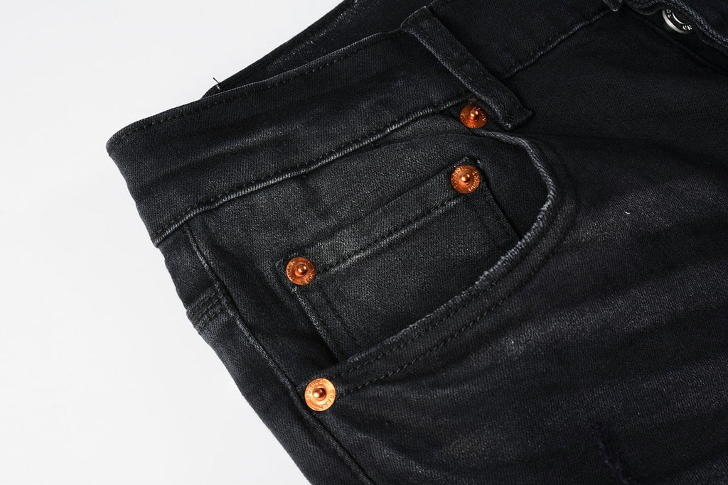 Men Streetwear Skinny Jeans Black Fade Wash with White Paint Splatter and Distressed Rips 9002