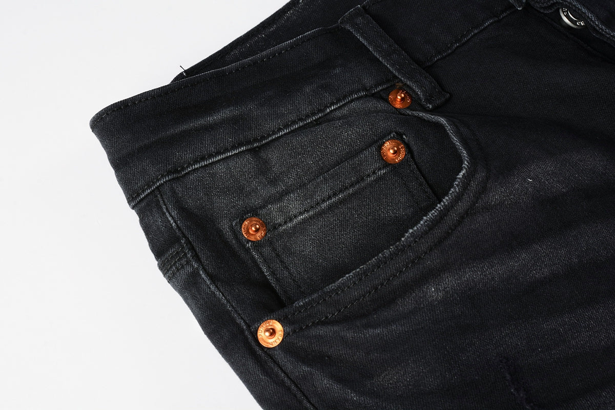 Men Streetwear Skinny Jeans Black Fade Wash with White Paint Splatter and Distressed Rips 9002