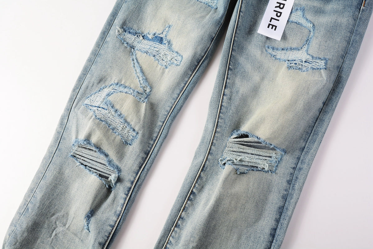 Men Streetwear Skinny Jeans Light Blue Wash with Subtle White Pattern Wash 9013