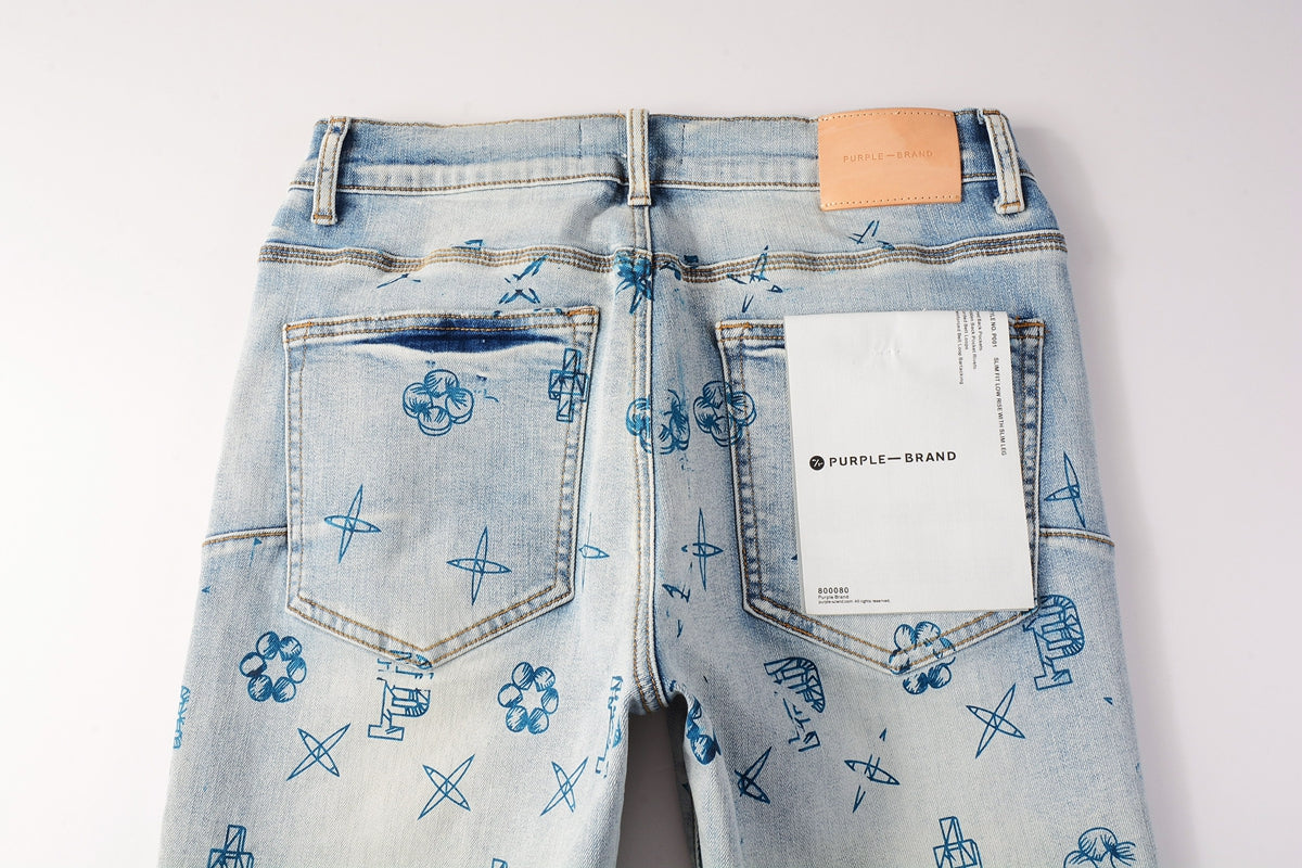 Men Streetwear Skinny Jeans Light Blue Wash with White Paint Brush Strokes 9063
