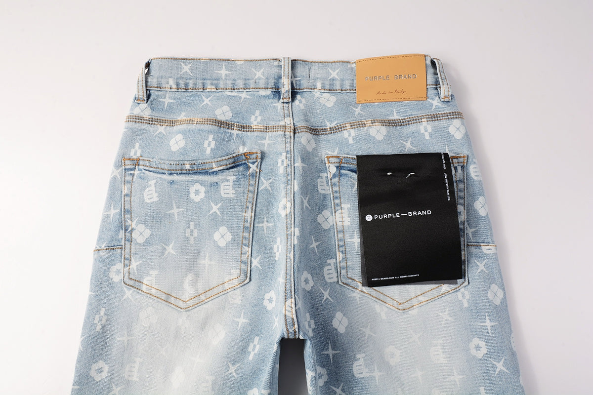 Men Streetwear Skinny Jeans Light Blue Wash with All - Over Pattern Print 9089