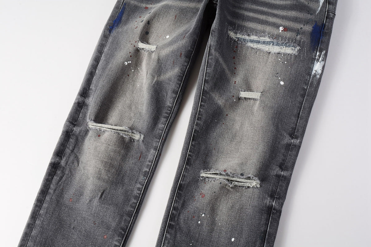 Men Streetwear Distressed Grey Skinny Jeanswith Color Paint Splatter and Knee Rips 9107