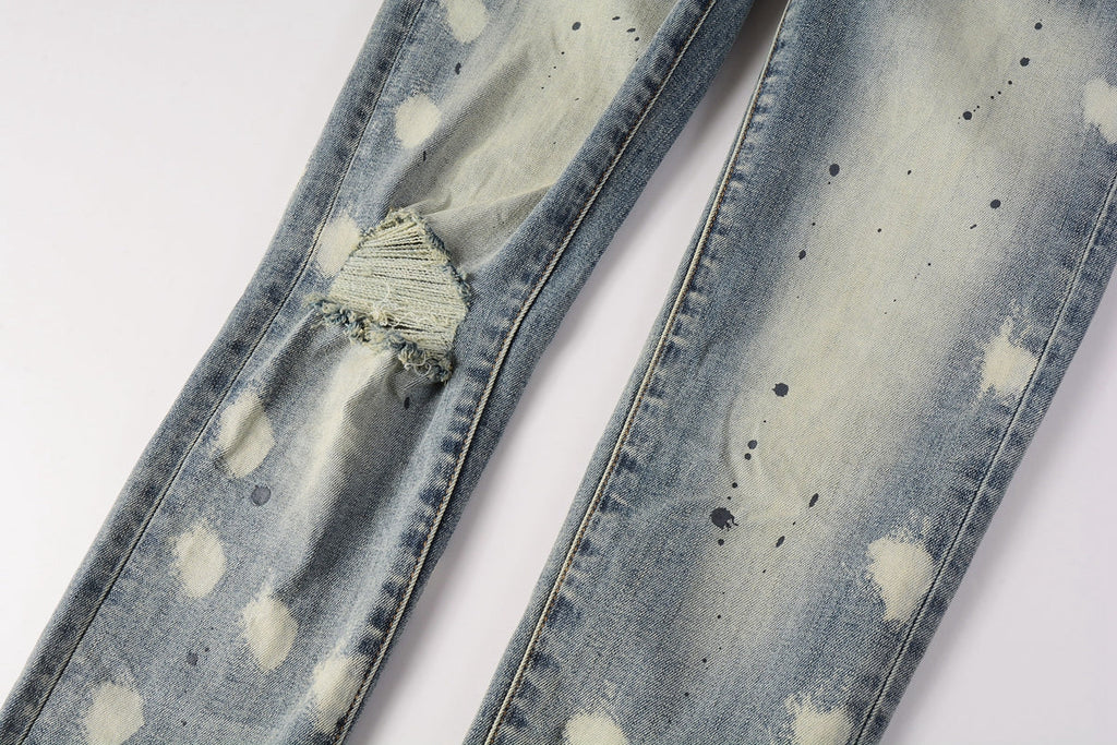Men Streetwear Jeans Distressed Light Blue Paint Dot Ripped skinny 9092