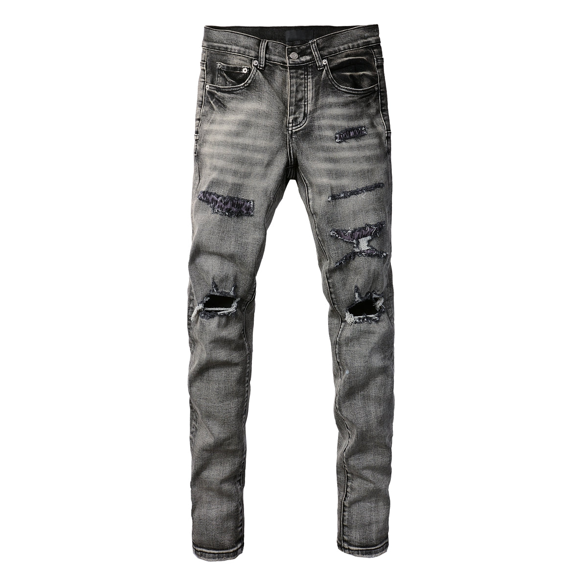 Men Classic Streetwear Jeans Distressed Black Grey Ripped skinny 9068