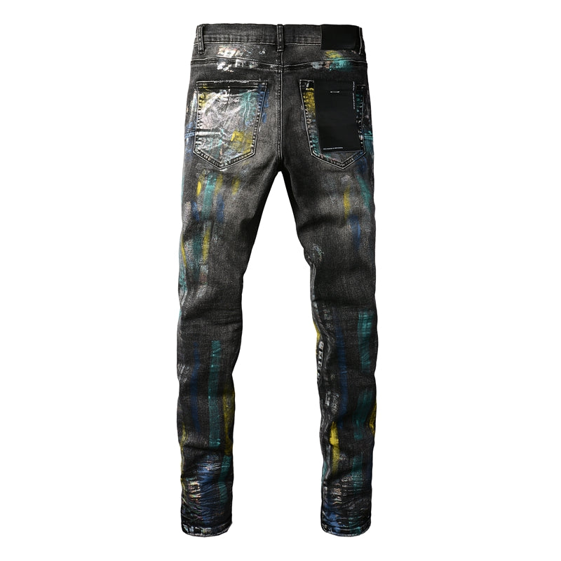 Men Streetwear Skinny Jeans Black Wash with Colorful Graffiti Paint Splash 9078