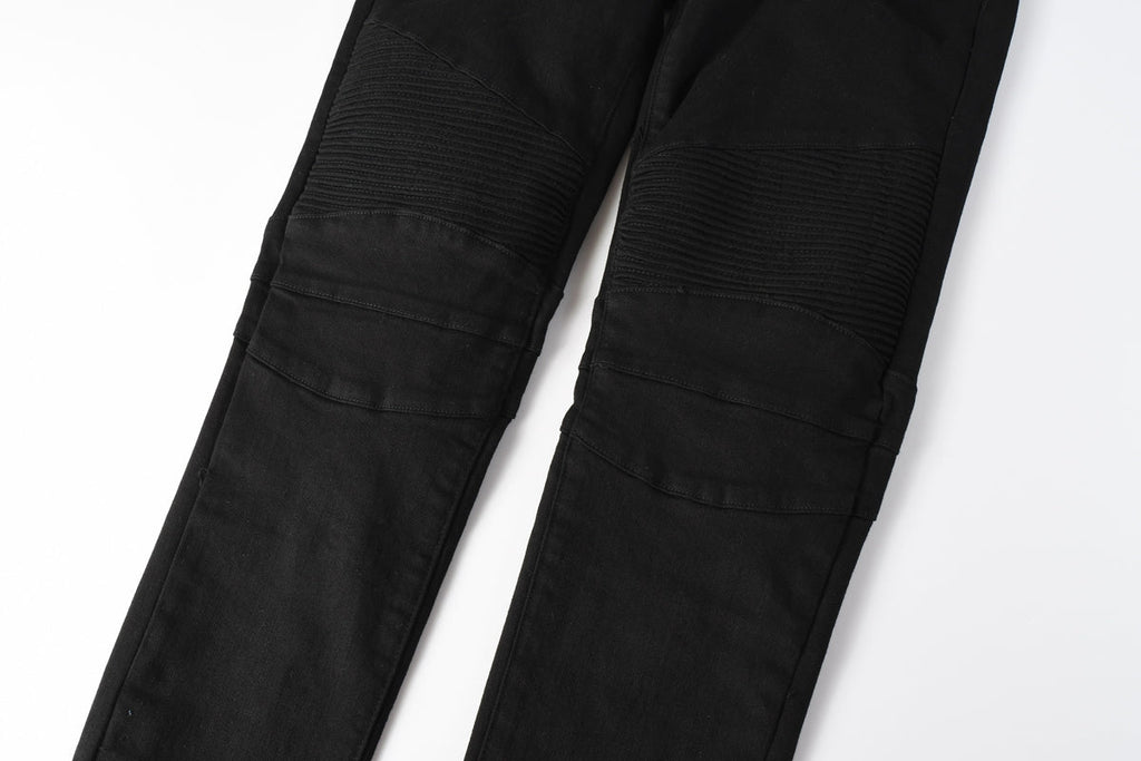 Men Streetwear Biker Skinny Jeans Black with Knee Pleats and Zipper Pockets 0964