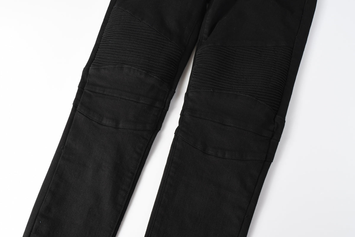 Men Streetwear Biker Skinny Jeans Black with Knee Pleats and Zipper Pockets 0964