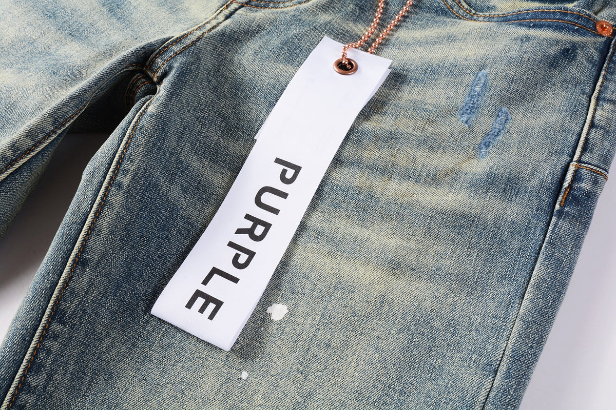 Men Streetwear Skinny Jeans Light Blue Wash with Blue Patched Rips and White Paint Splatter 9050-1