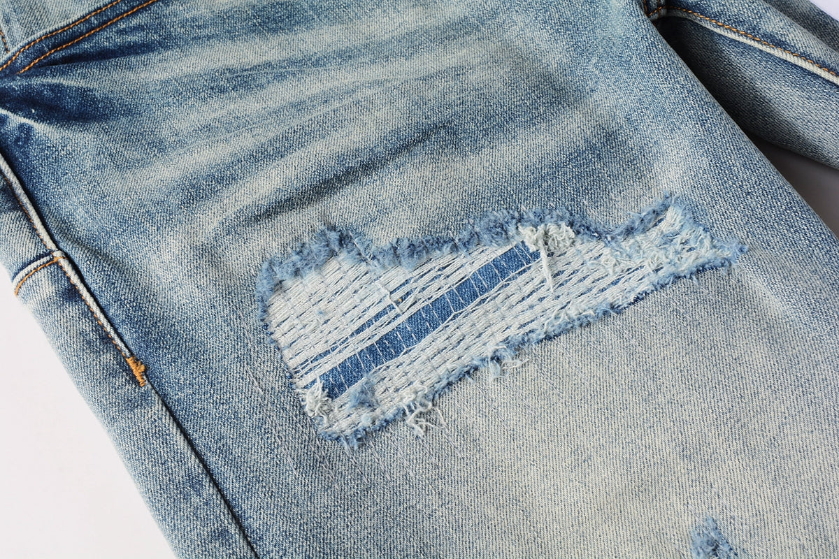 Men Streetwear Skinny Jeans Light Blue Wash with Subtle White Pattern Wash 9013