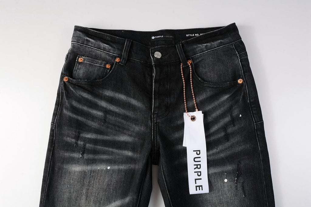 Men Streetwear Skinny Jeans Black - Gray Fade Wash with White Paint Specks 9027