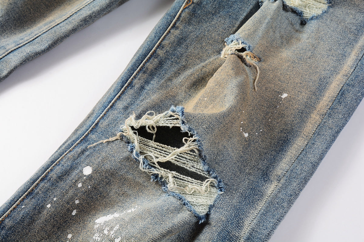 Men Streetwear Skinny Jeans Light Blue Wash with Distressed Rips and White Paint Splatter 9012