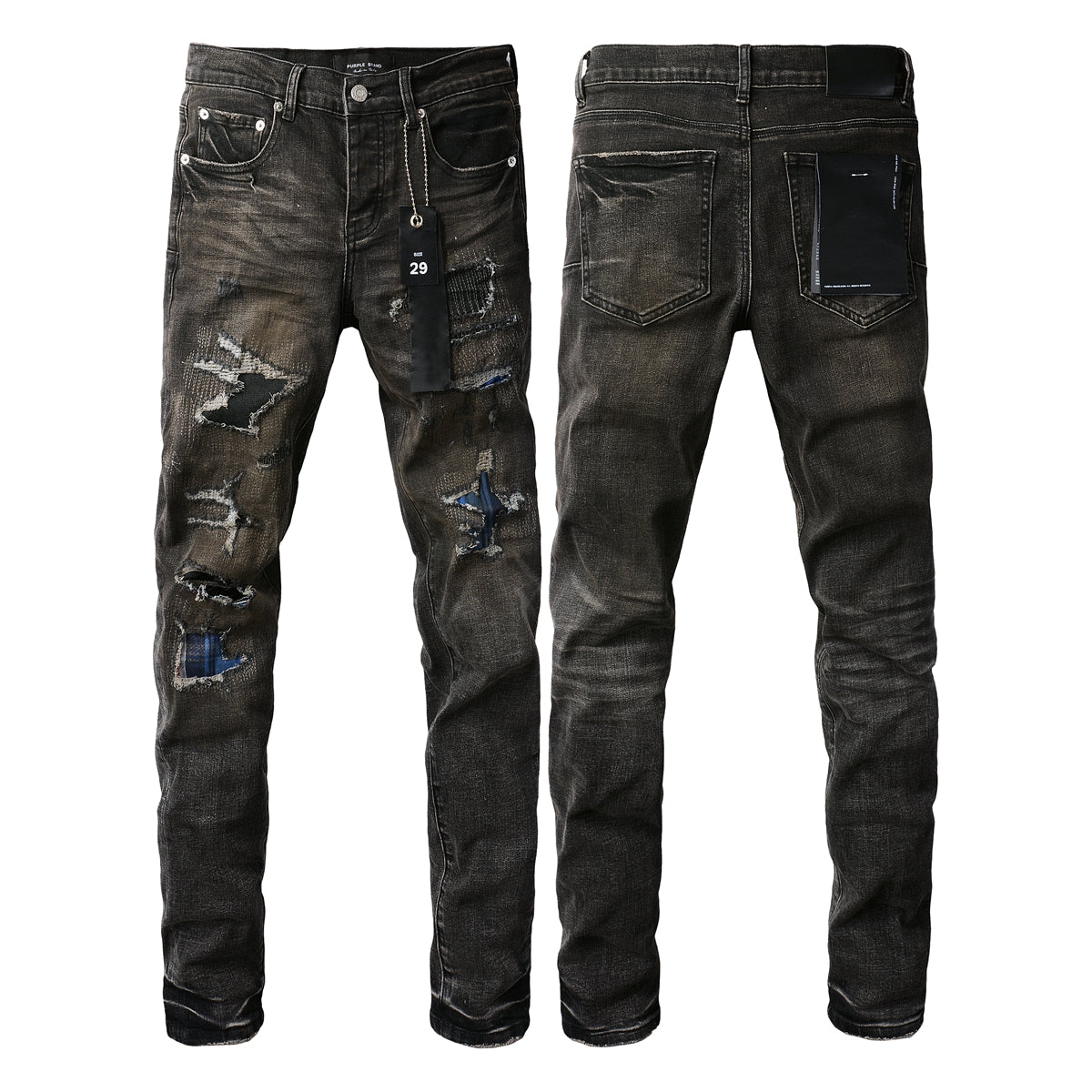 Men Streetwear Skinny Jeans Dark Gray Wash with Multi - Color Patched Distressed Details 9080