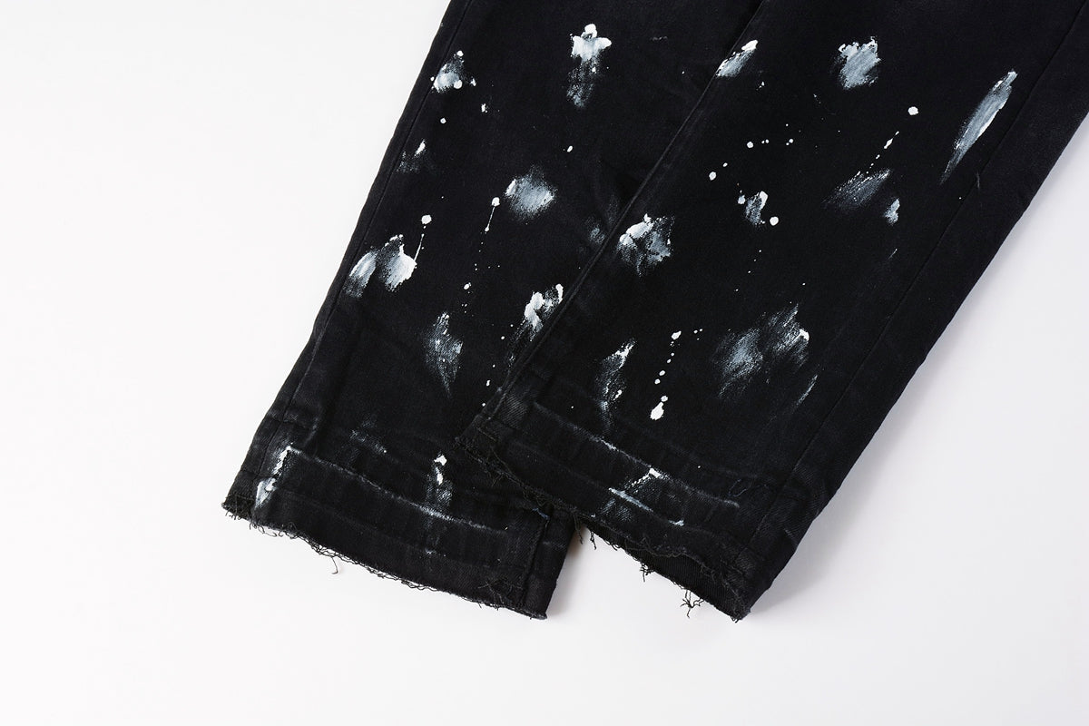 Men Streetwear Skinny Jeans Black Fade Wash with White Paint Splatter and Distressed Rips 9002