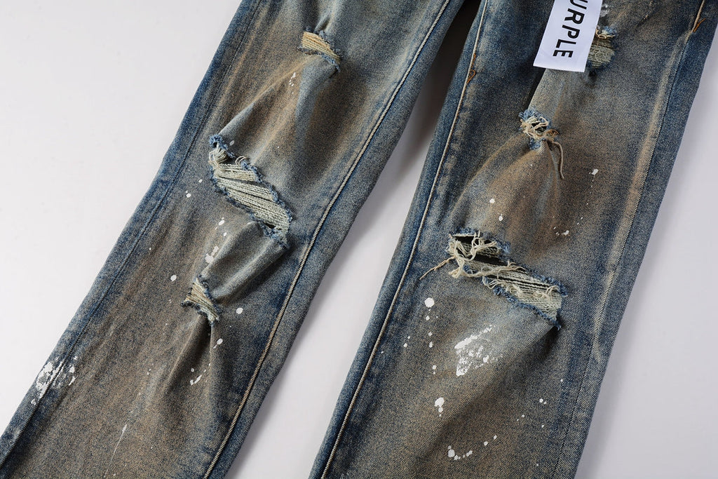 Men Streetwear Skinny Jeans Light Blue Wash with Distressed Rips and White Paint Splatter 9012